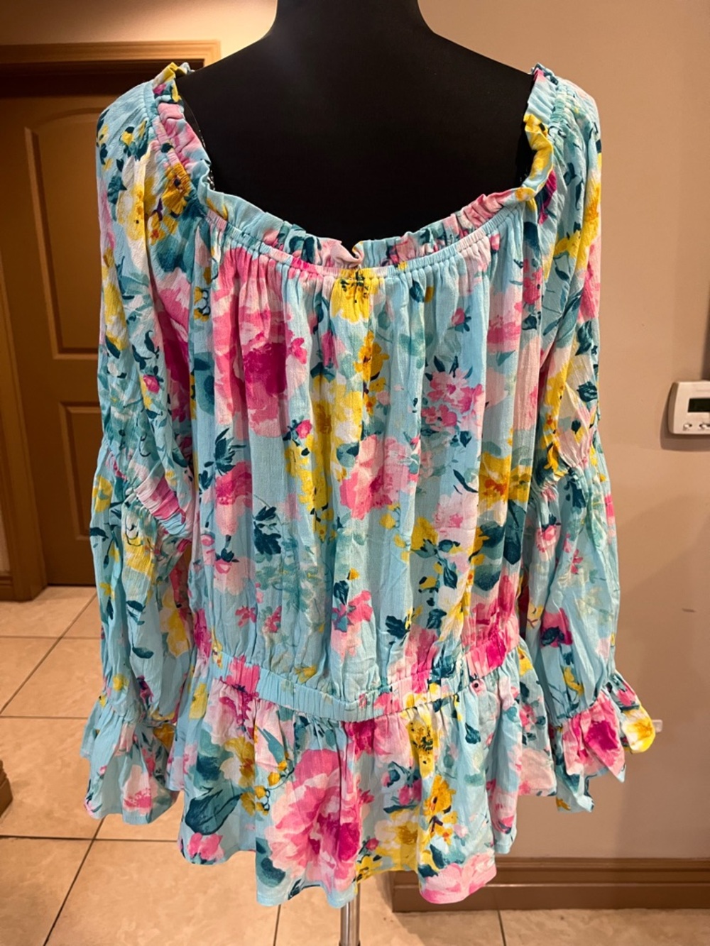 Light Blue Floral Ruffled Peasant Blouse - Women's Top - Picture 5 of 6